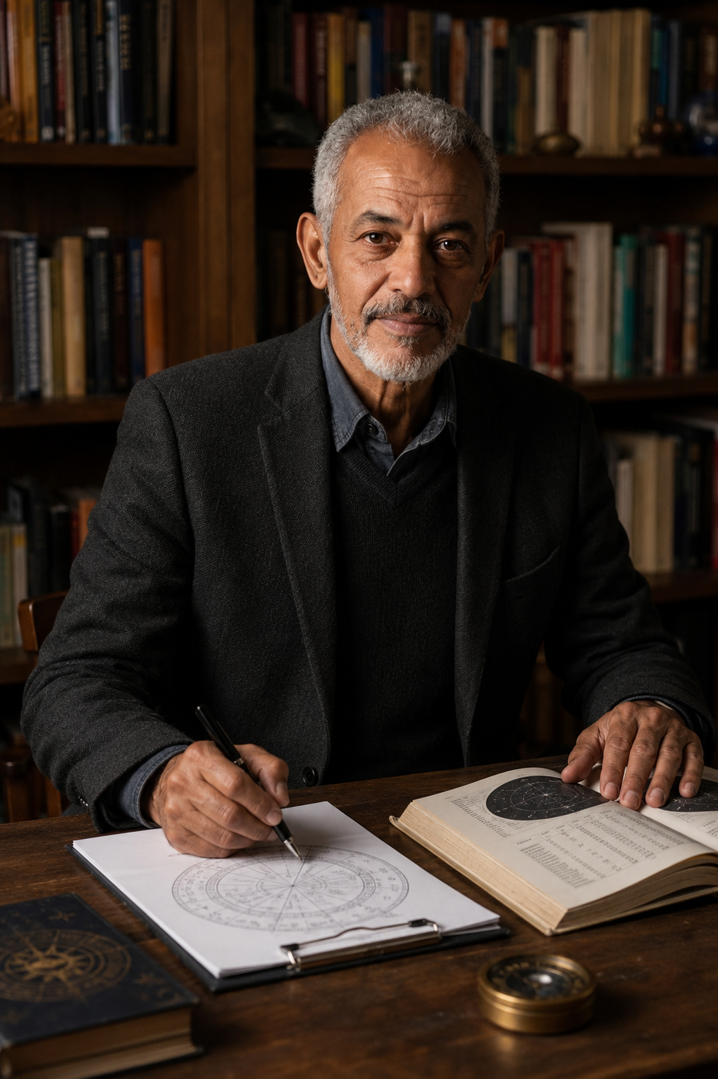 David the Mystic seated at a desk with books