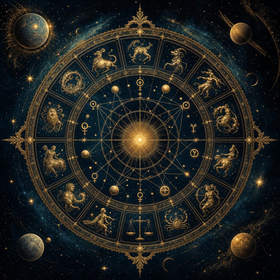 Astrological chart with moon and planetary symbols